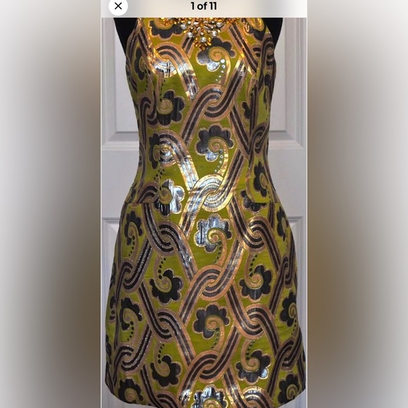 $358.00 NWT LILLY PULITZER METALLIC GREEN PEARL DRESS VINTAGE BROCADE - Picture 1 of 11